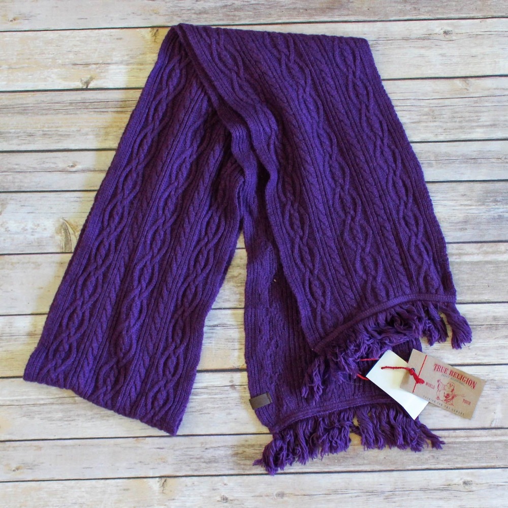 True Religion Scarf Purple Cable Knit Cashmere Angora Blend Fringe 9" x 84"